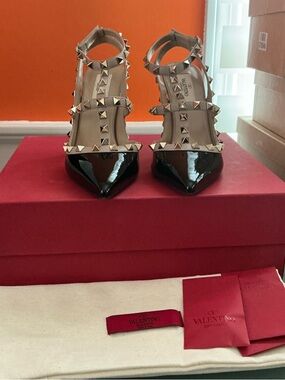 Valentino Black Patent and Nude Rockstud Strappy Pointed Pumps